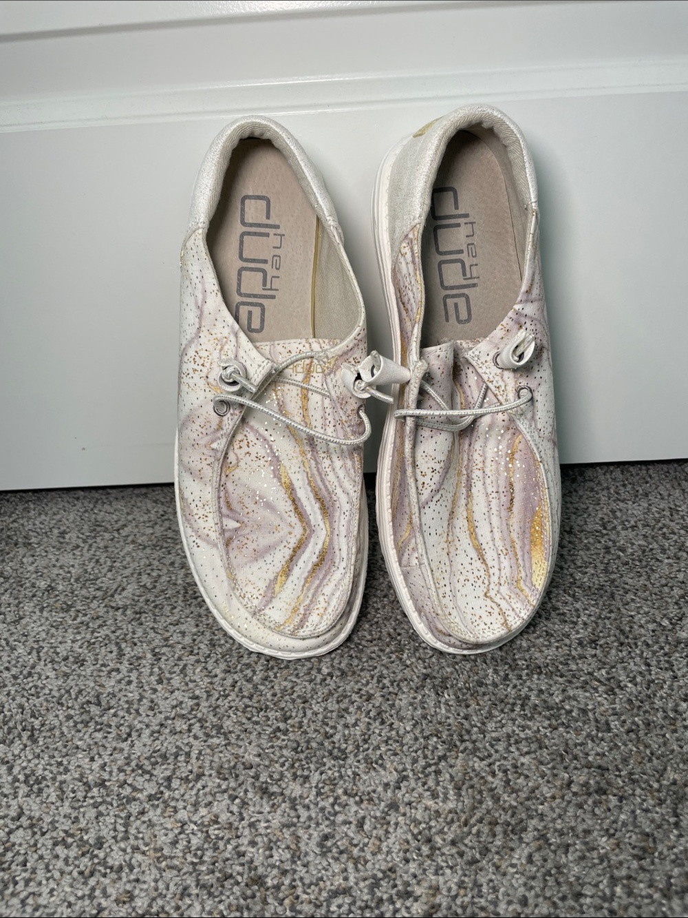 Hey Dude Women's Marble Print Slip-On Flats in White, Gold, and Sliver